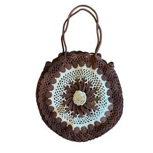 Bebe Crochet Circle Bag Purse Brown Boho Floral Hippie 70s Retro Cottagecore